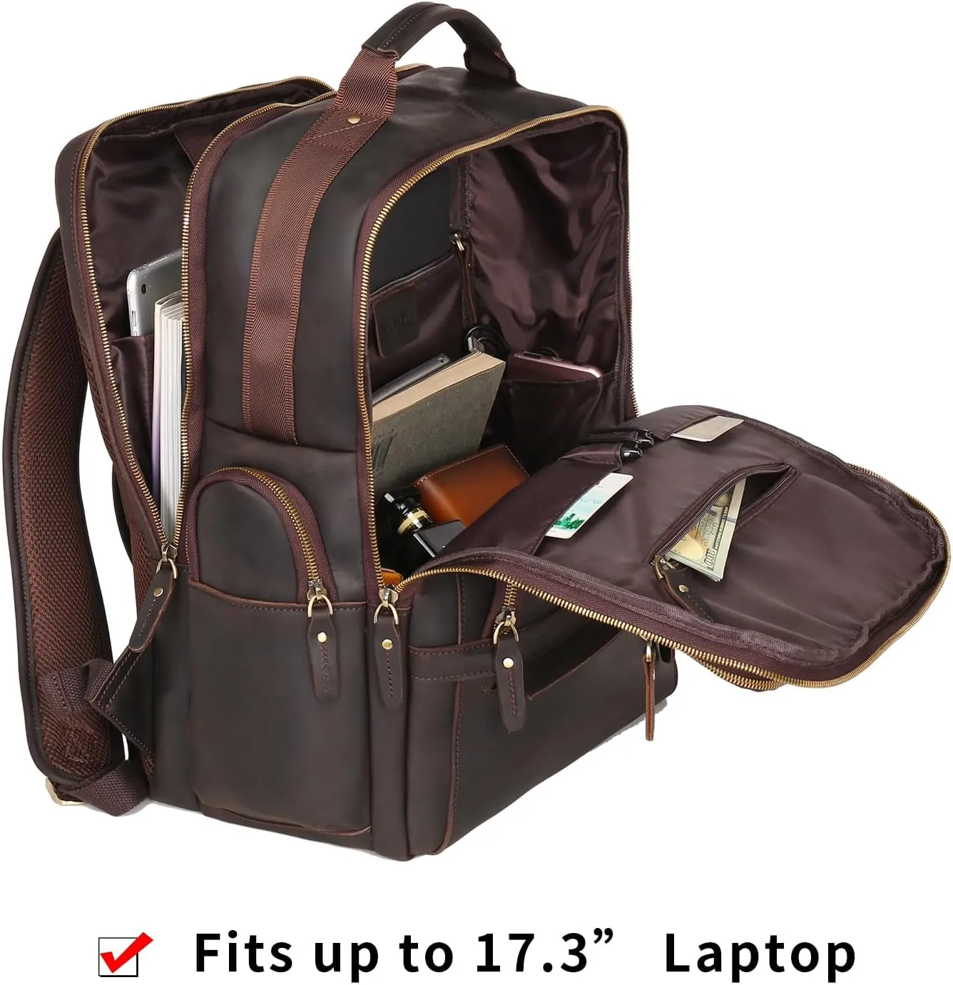 Full Grain Leather Backpack for Men 17.3 Inch Laptop Bag Vintage Travel Hiking Rucksack Casual Weekender Daypack