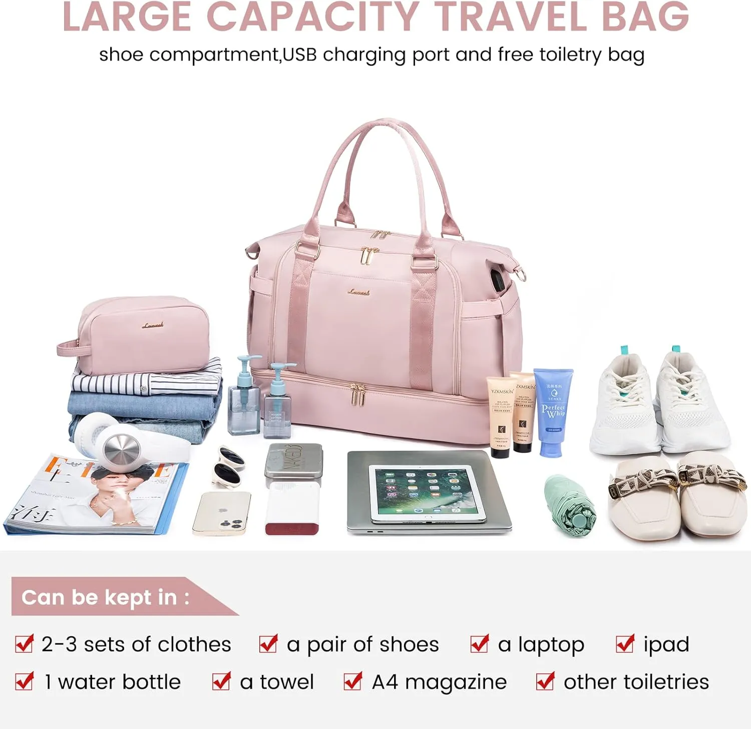 Gym Bag LOVEVOOK Travel Duffel Bag with USB Charging Port,Weekender Bags for Women with Shoe Compartment,Carry on Overnight Bag with Toiletry Bag,Hospital Bags for Labor and Deliver