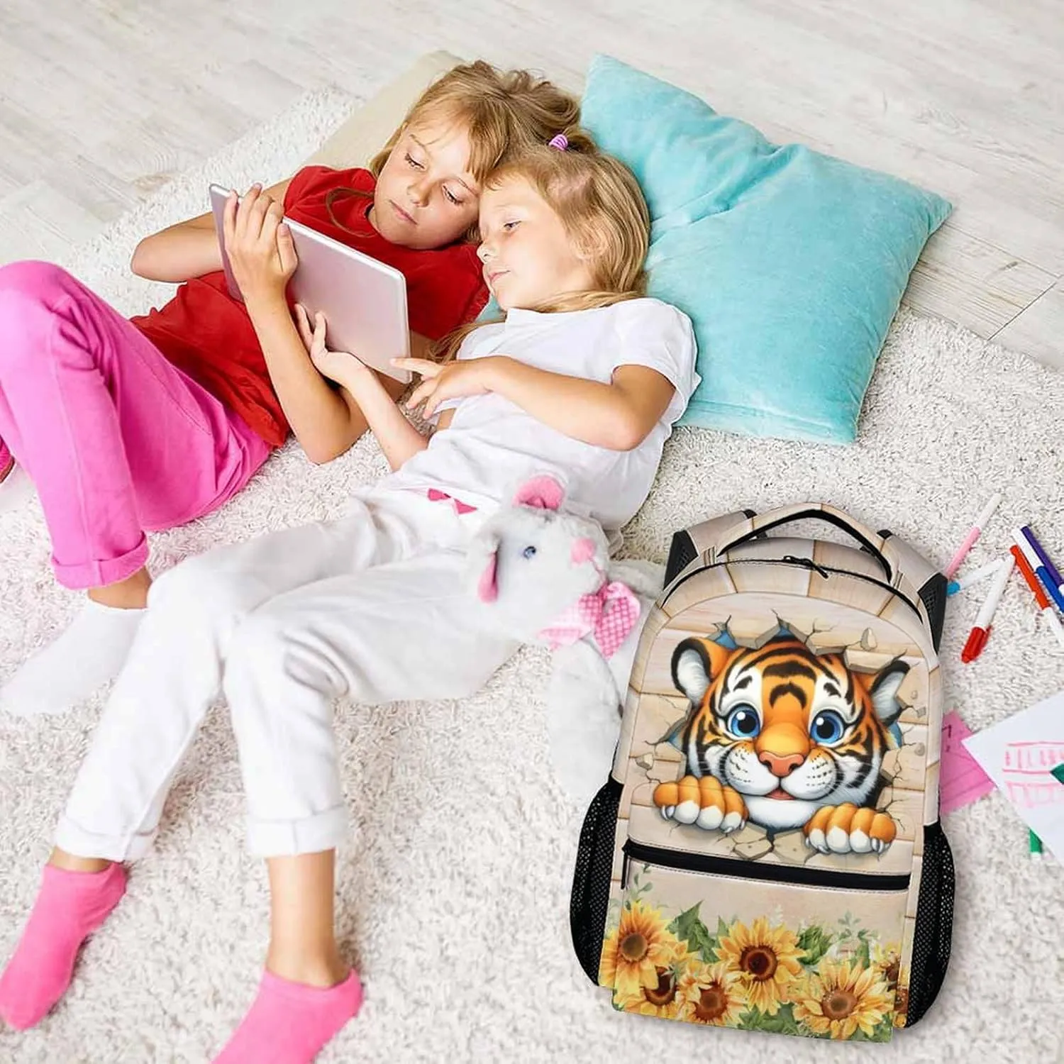 Kids School Backpack, Cute Tiger Backpacks, Cool Schoolbag for Boys Girls 5-8, 17 Inch Casual Animal Bookbags for School Travel Camping Hiking