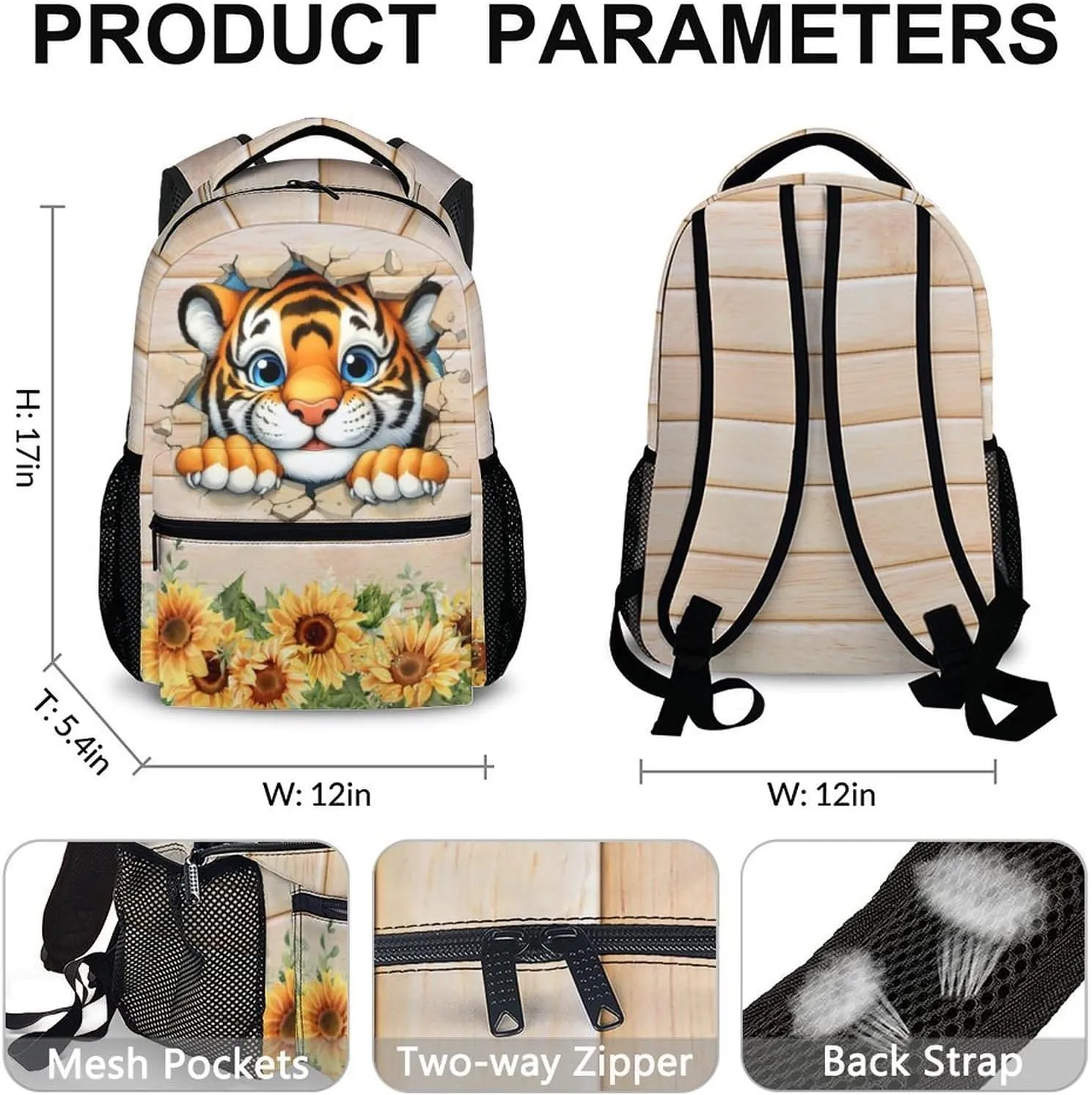 Kids School Backpack, Cute Tiger Backpacks, Cool Schoolbag for Boys Girls 5-8, 17 Inch Casual Animal Bookbags for School Travel Camping Hiking