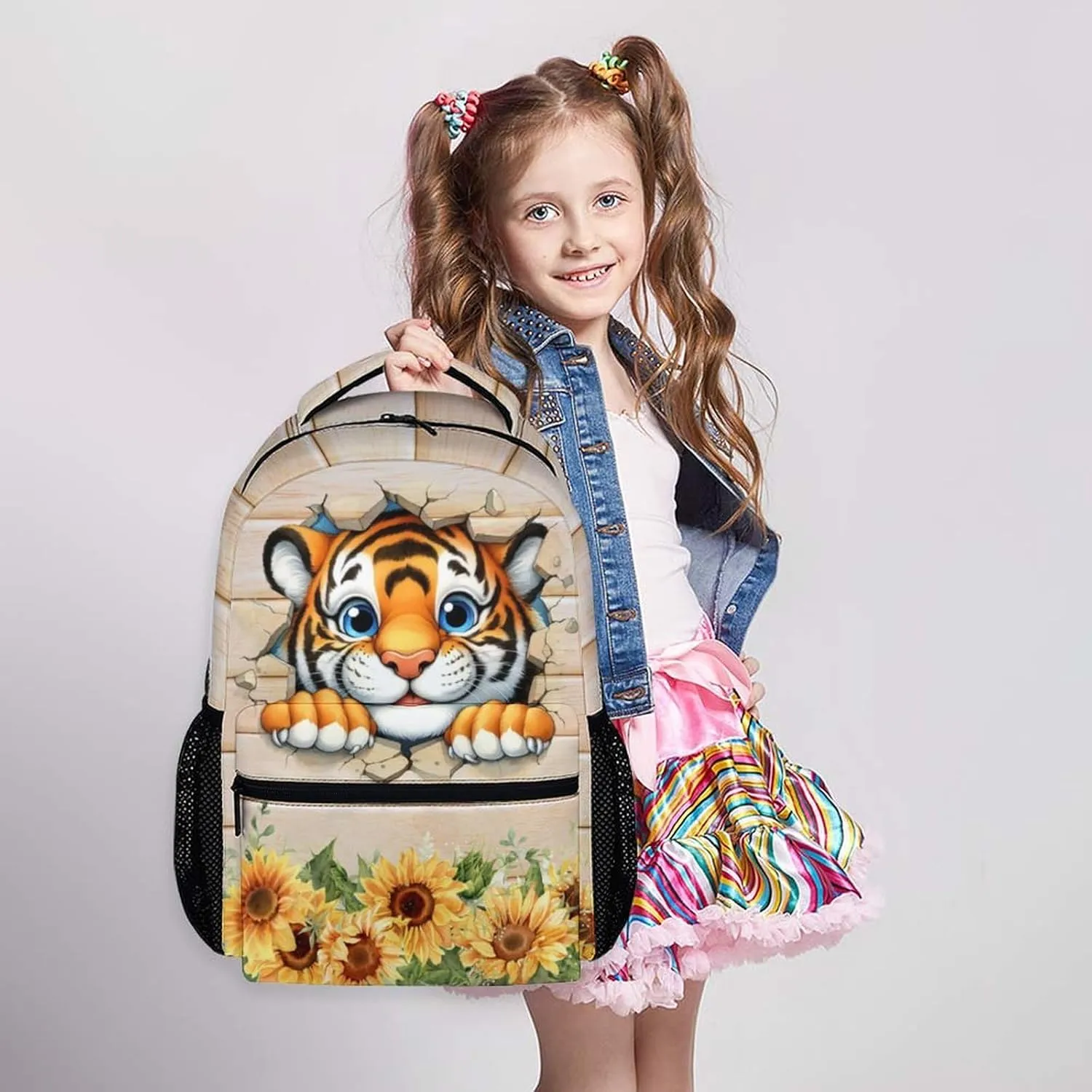 Kids School Backpack, Cute Tiger Backpacks, Cool Schoolbag for Boys Girls 5-8, 17 Inch Casual Animal Bookbags for School Travel Camping Hiking
