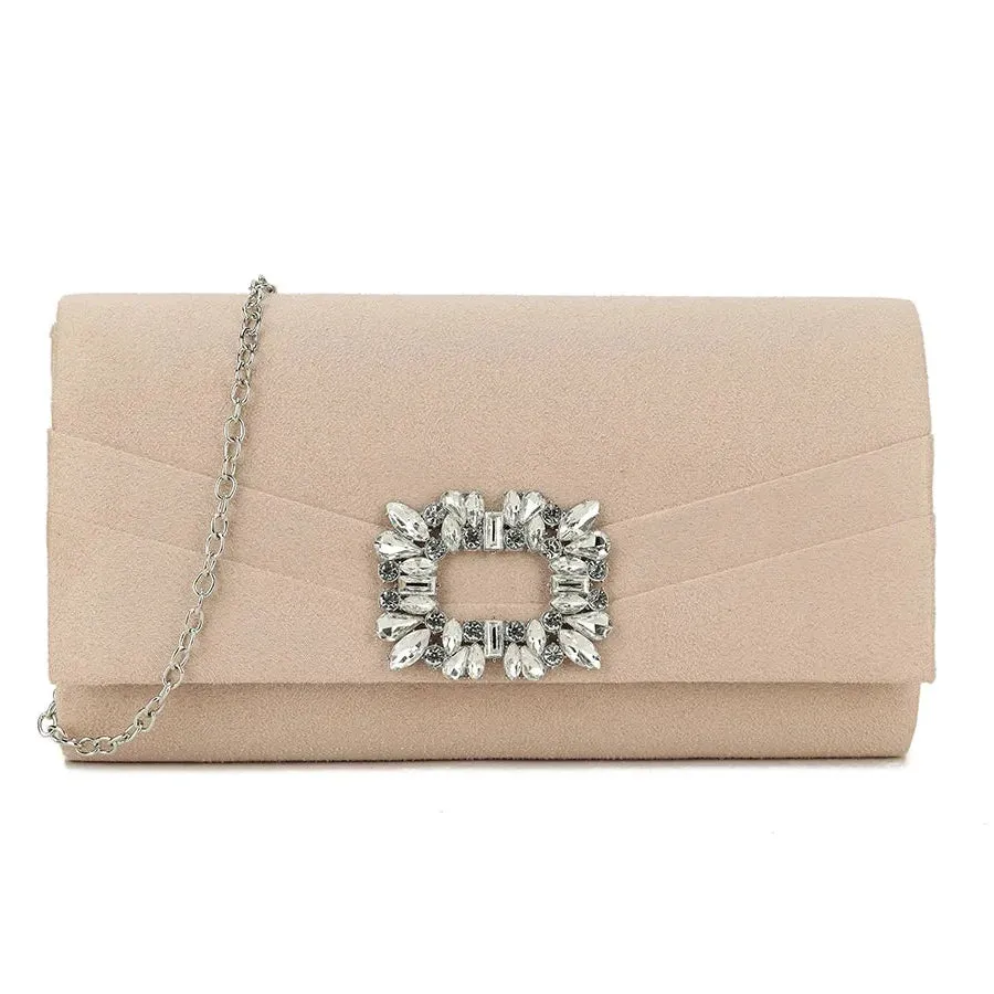 Koko Suedette Clutch Bag with Diamante Detail in Nude