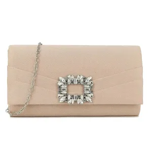 Koko Suedette Clutch Bag with Diamante Detail in Nude