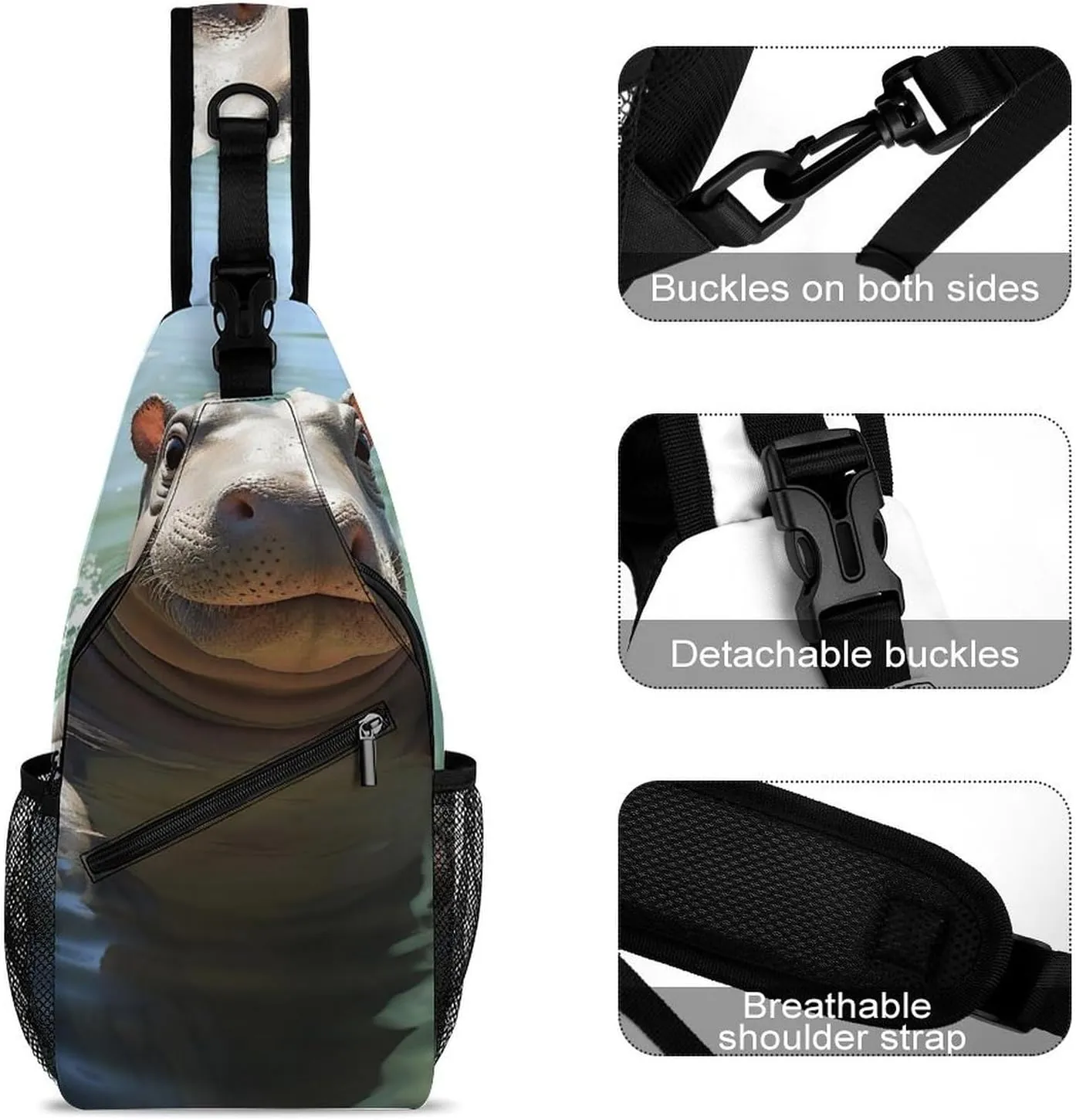 Lightweight Chest Bag Crossbody Bag Cute Hippos Sling Backpack for Women Men Sports Travel