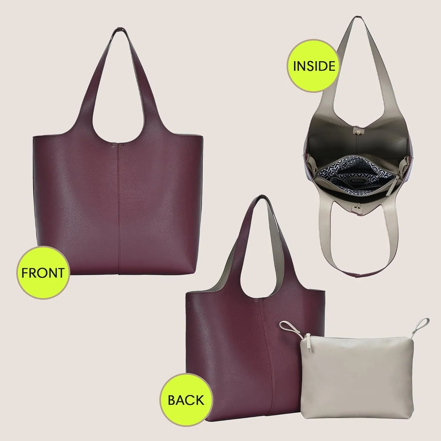 Madison West Elle Tote | Vegan Leather Tote Bags for Women with Double Handles and Scoop neck | 17.5" L x 6" W x 13" H