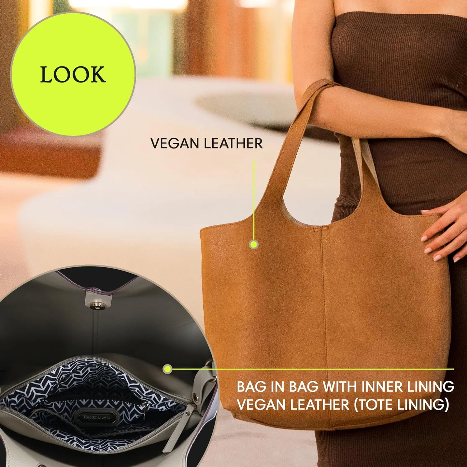 Madison West Elle Tote | Vegan Leather Tote Bags for Women with Double Handles and Scoop neck | 17.5" L x 6" W x 13" H