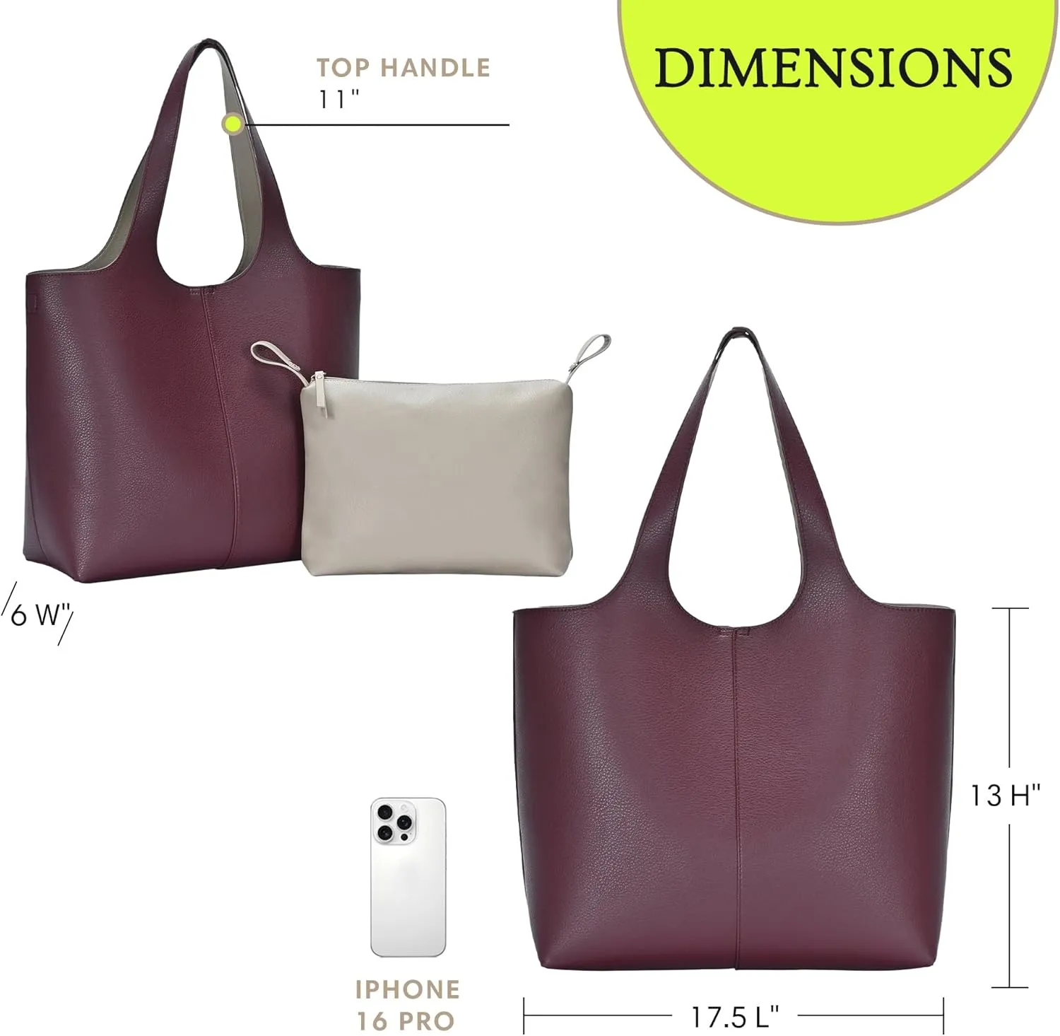 Madison West Elle Tote | Vegan Leather Tote Bags for Women with Double Handles and Scoop neck | 17.5" L x 6" W x 13" H