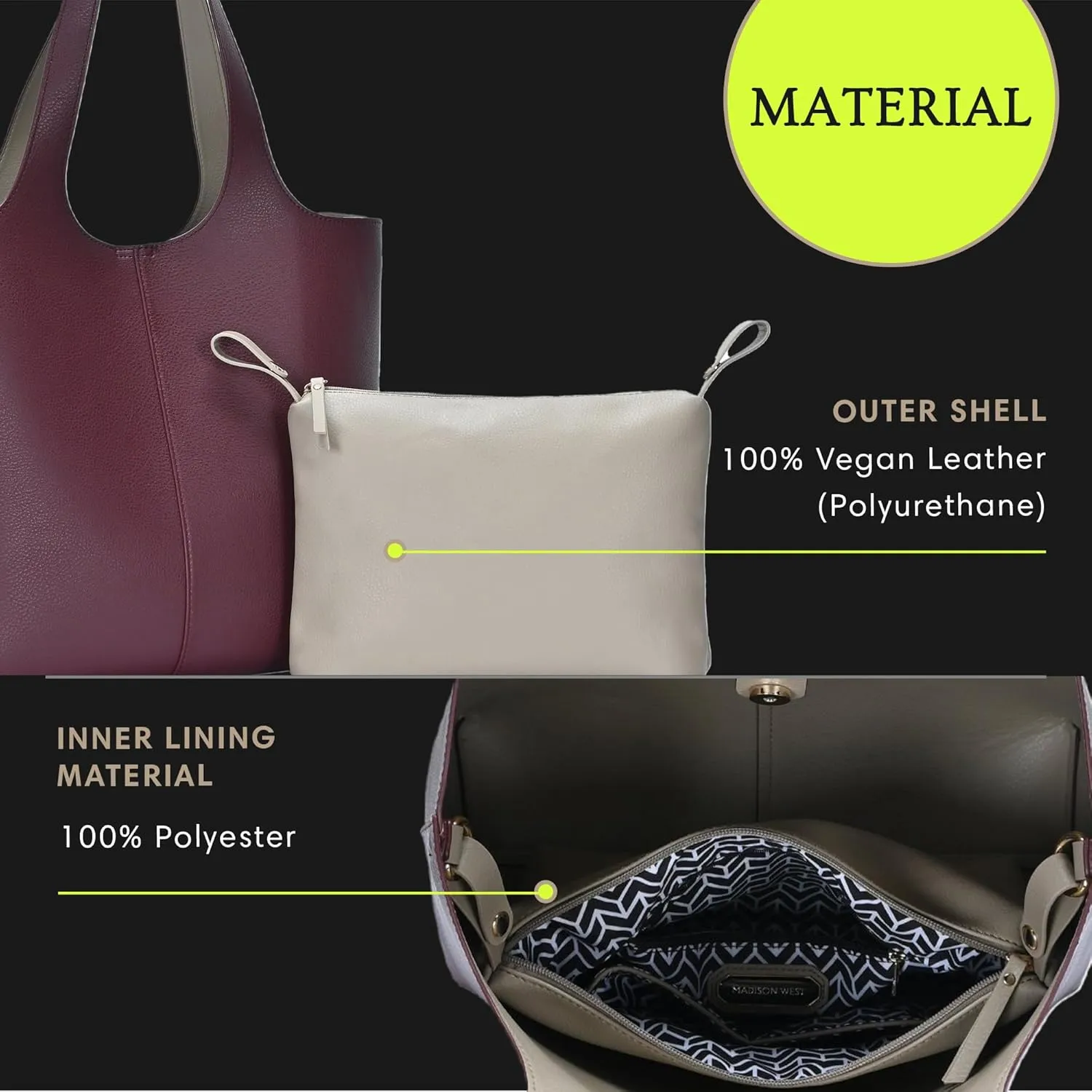 Madison West Elle Tote | Vegan Leather Tote Bags for Women with Double Handles and Scoop neck | 17.5" L x 6" W x 13" H