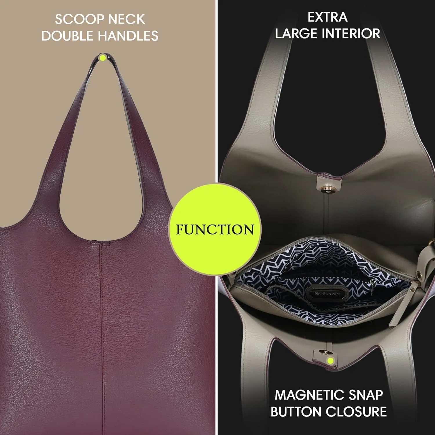 Madison West Elle Tote | Vegan Leather Tote Bags for Women with Double Handles and Scoop neck | 17.5" L x 6" W x 13" H