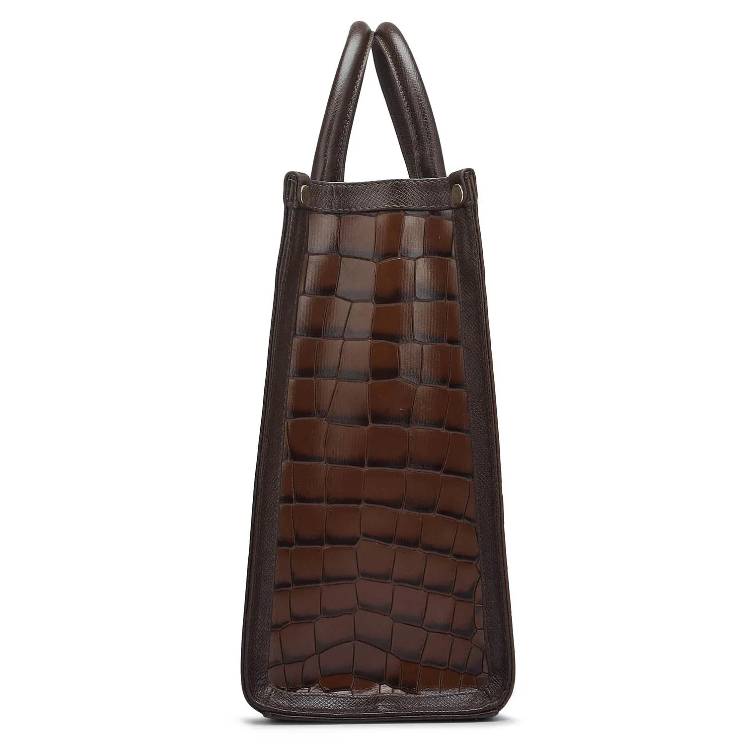 Medium Croco Franzy Leather Book Tote - Brown