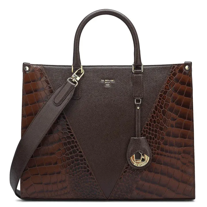 Medium Croco Franzy Leather Book Tote - Brown