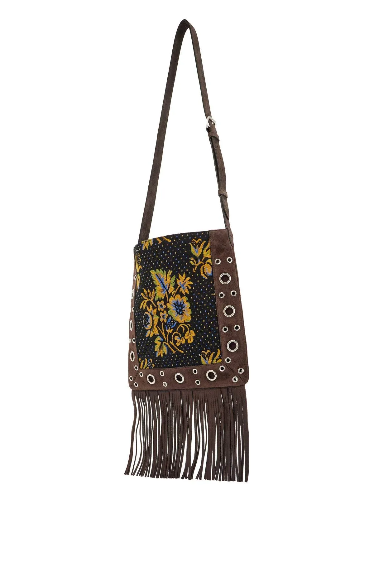 multicolored floral crossbody bag in dark brown with fringes 6Y2B0D06ZIS MULTICOLOR/TESTA DI MORO