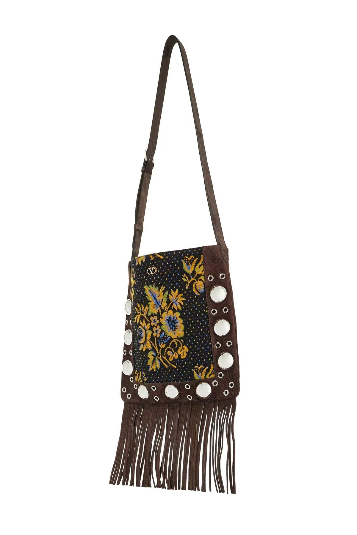 multicolored floral crossbody bag in dark brown with fringes 6Y2B0D06ZIS MULTICOLOR/TESTA DI MORO