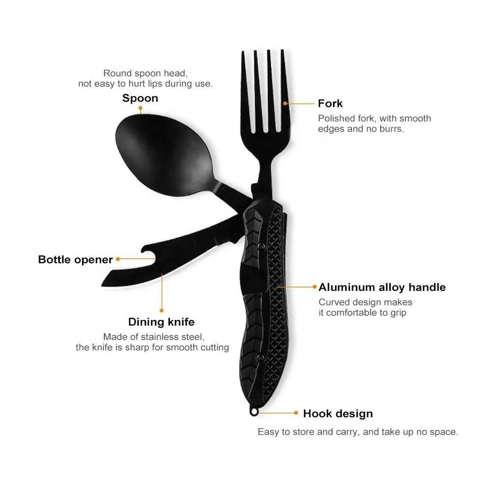 Multitool Outdoor Camping Utensils Portable 4 in 1 Stainless Steel Foldable Spoon Fork Knife Bottle Opener Cutlery Set