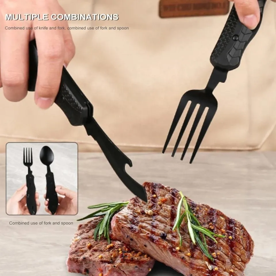 Multitool Outdoor Camping Utensils Portable 4 in 1 Stainless Steel Foldable Spoon Fork Knife Bottle Opener Cutlery Set
