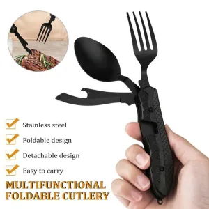 Multitool Outdoor Camping Utensils Portable 4 in 1 Stainless Steel Foldable Spoon Fork Knife Bottle Opener Cutlery Set