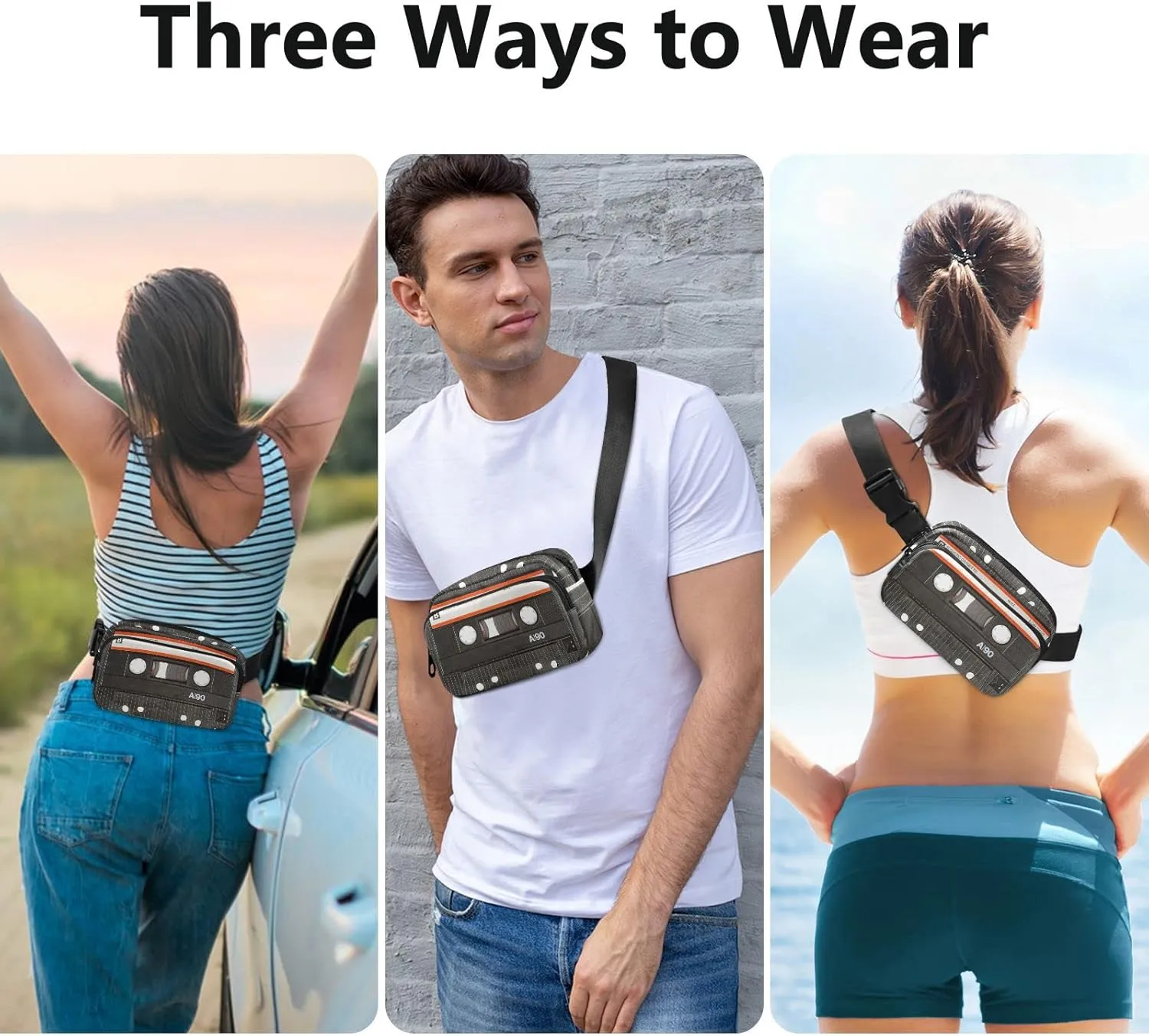 Old Cassette Tape Fanny Pack for Women Men Crossbody Belt Bag Fashion Waist Packs Purse with Adjustable Strap Dupes for Outdoors Shopping Traveling