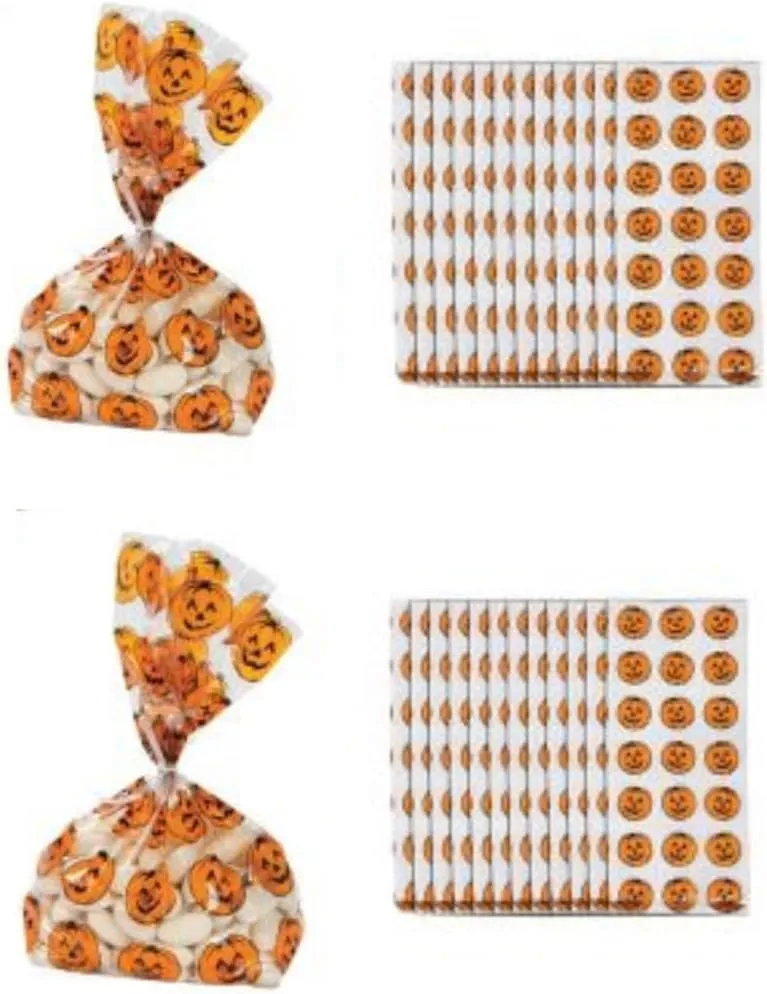 Playing with Scissors Jack O' Lantern Cellophane Bags, Pack of 36 Halloween Goody Bags for Party favors trick or treating