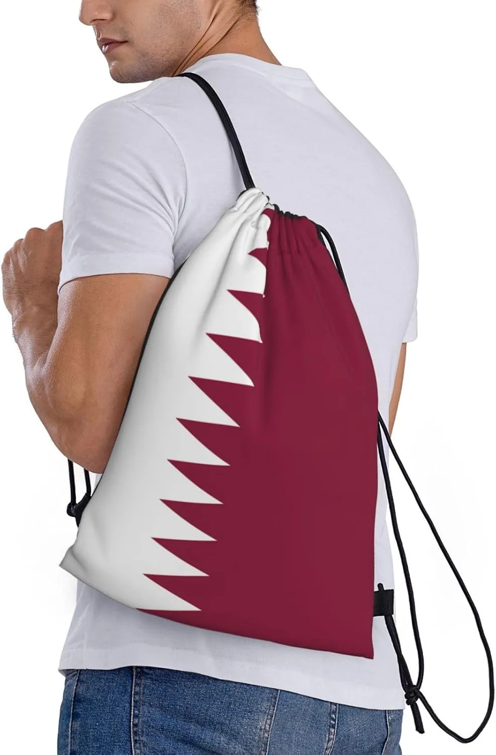 Qatar flag Print Lightweight Drawstring Bag - Foldable Cinch Backpack for Travel, Gym, Sports, and Daily Use