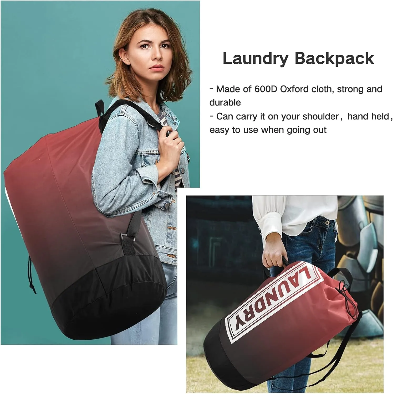 Red Black Gradient Laundry Backpack Large Heavy Duty Laundry Bag for College Students Laundry bag with Shoulder Straps Dirty Clothes Organizer for Traveling Waterproof