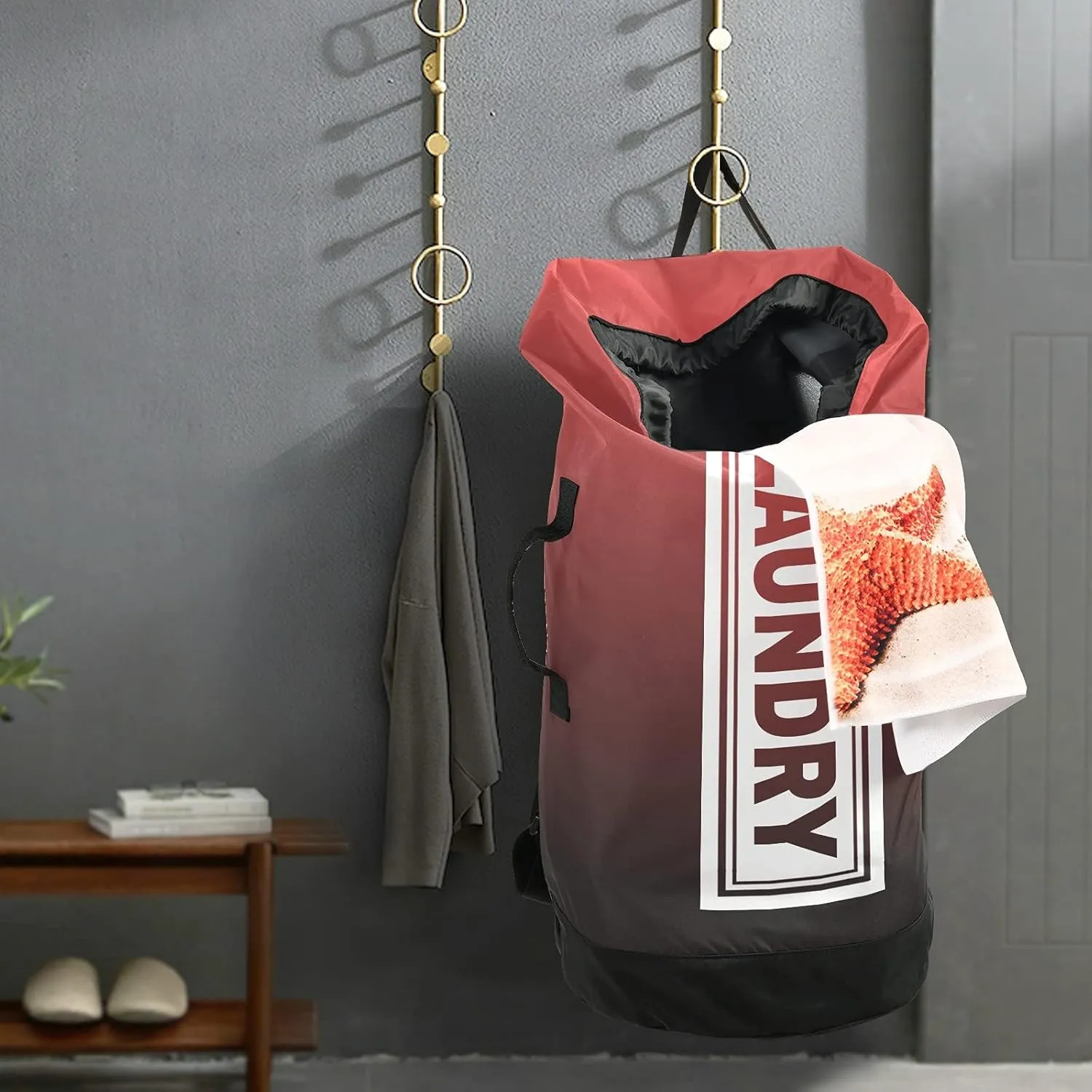 Red Black Gradient Laundry Backpack Large Heavy Duty Laundry Bag for College Students Laundry bag with Shoulder Straps Dirty Clothes Organizer for Traveling Waterproof