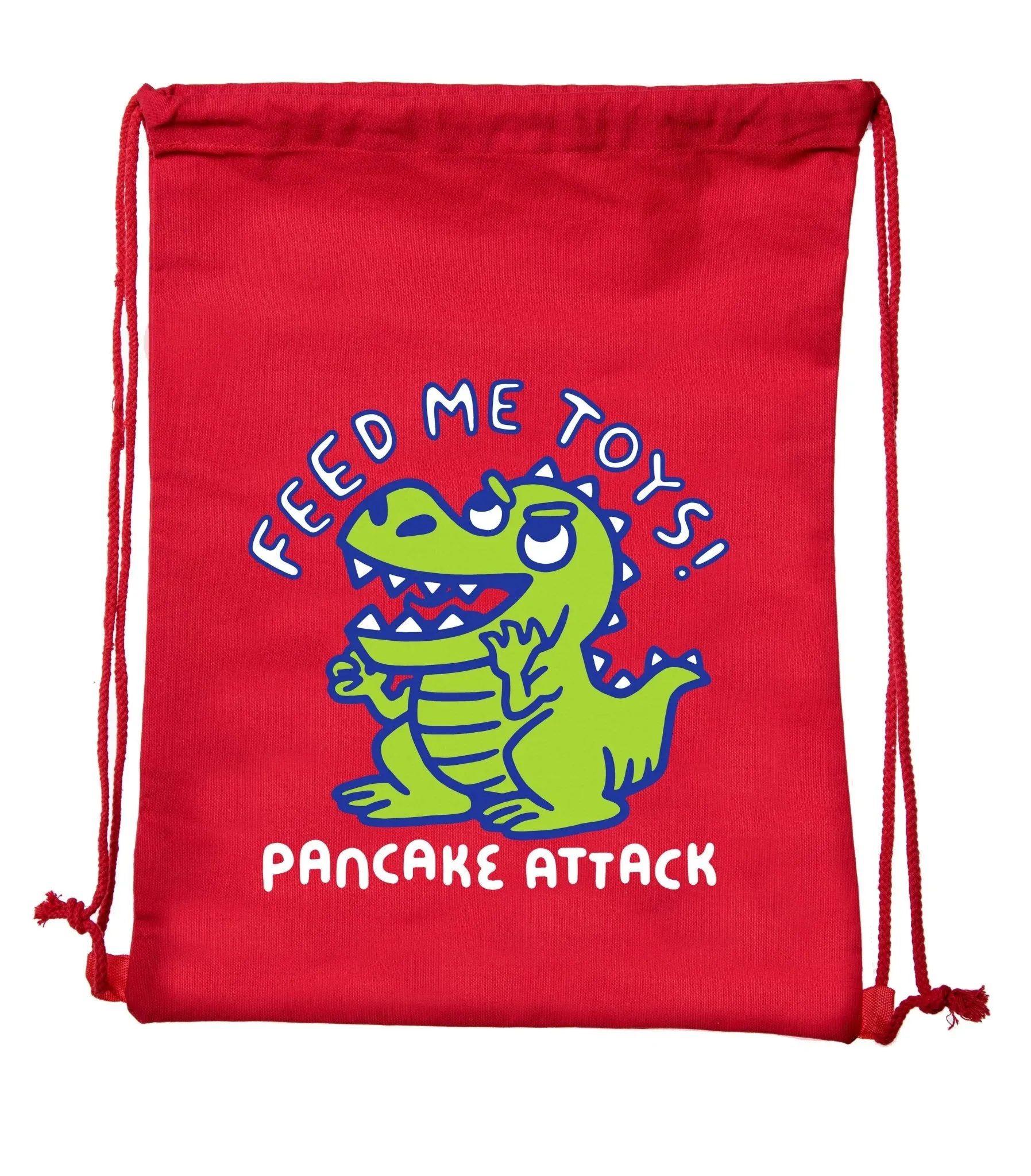 Revive Red Cotton Drawstring Bag With "Pancake Attack Dinosaur"