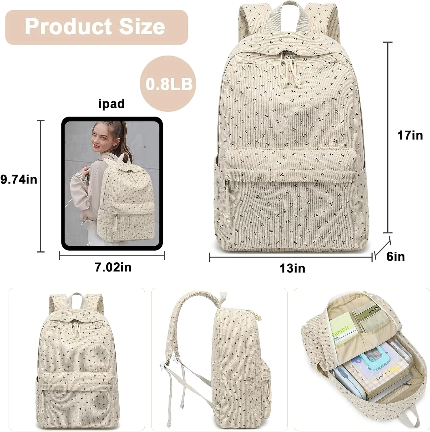 School Backpack for Teen Girls Bookbags Elementary High School Corduroy Laptop Bags Women Travel Daypacks