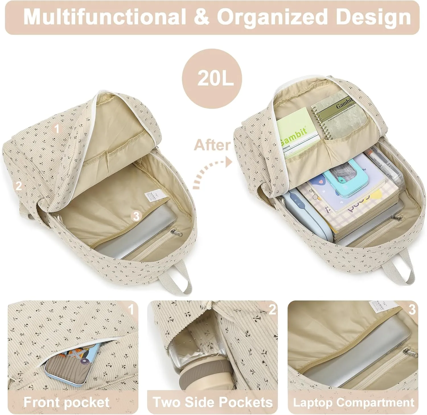 School Backpack for Teen Girls Bookbags Elementary High School Corduroy Laptop Bags Women Travel Daypacks