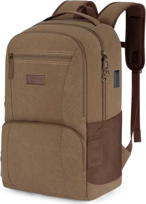 Tzowla Canvas Laptop College Backpack for Men and Women,Travel Work Vintage Rucksack with USB/Type-C Charging Port,Lightweight Hiking Casual Daypack Backpacks fit 15.6 inch Notebook,Brown